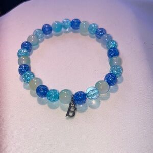 Blue Glass Beaded Bracelet with B charm